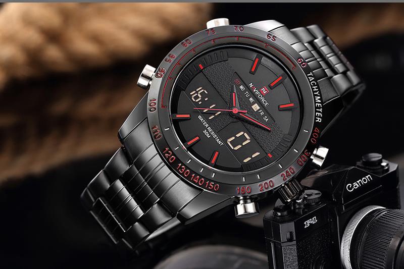NAVIFORCE NF9024 Men Wrist Watch Water Resistant Military Dual Display Week Date -Black+Red