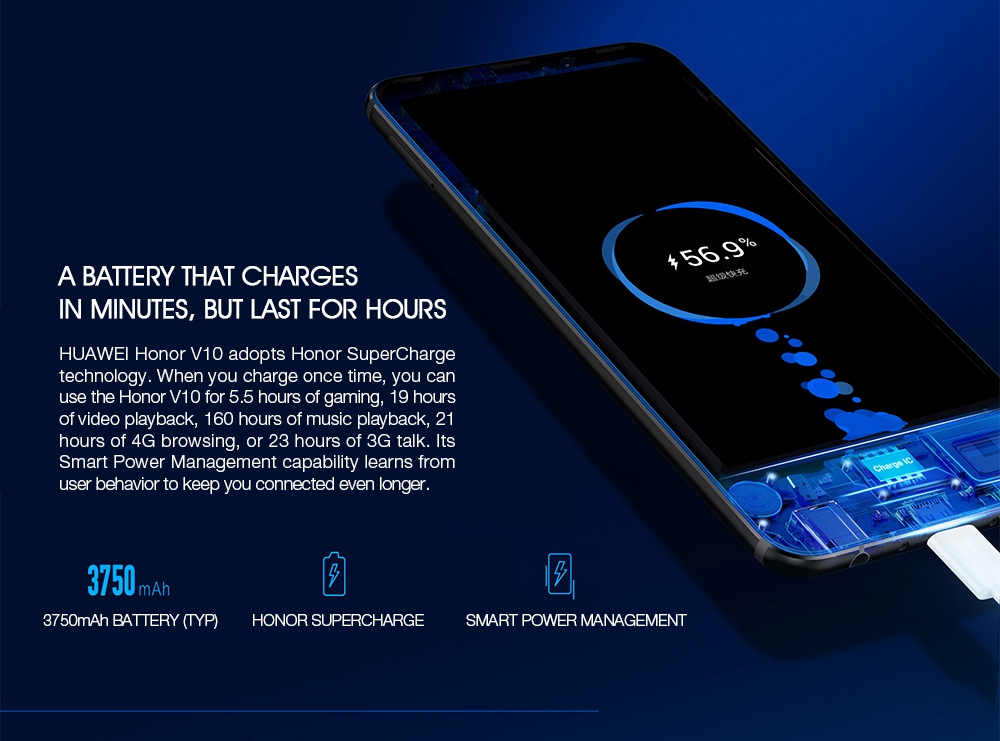 HUAWEI Honor V10 5.99 Inch Smartphone FHD+ Screen Android 8.0 6GB 128GB Kirin 970 Octa Core 20.MP+16.0MP Dual Rear Camera Touch ID NFC IR Remote Control SuperCharge - Gold