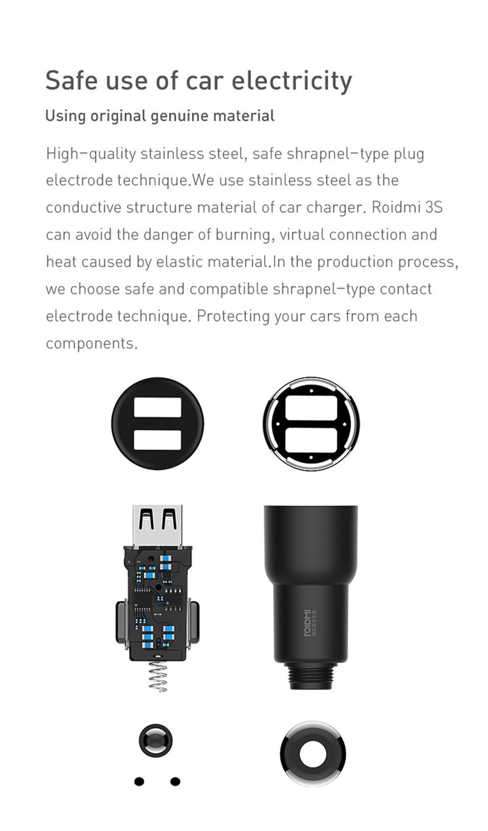 [International Edition] Original Xiaomi Roidmi 3S Music Bluetooth Car Charger Shrapnel Type 2.4A Fast Charge Dual USB  Ports - Black