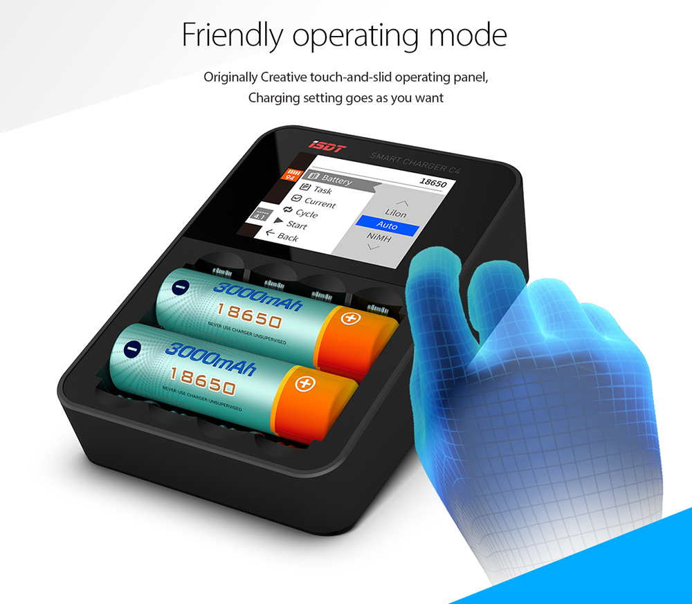 ISDT C4 Smart Charger Max Output 8A 100mA-3000mA Optional Charging Current for NiMH NiCd Li-ion Batteries - Black