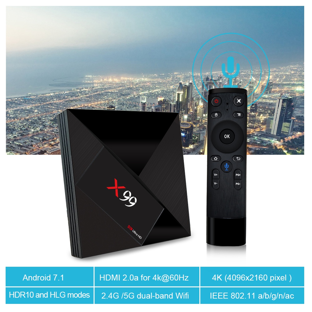 X99 KODI 18.0 4GB/32GB Android 7.1 RK3399 4K TV Box 2.4G/5G WiFi 1000M LAN Bluetooth Type-C USB3.0 VP9 HDR10 H.265 LED Display