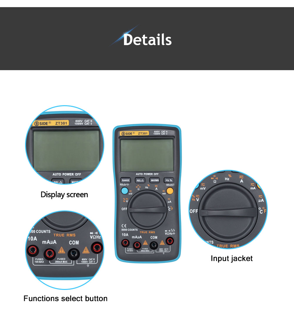 ZOYI ZT301 Digital Multimeter True RMS Auto Range 8000 Counts LED Backlight