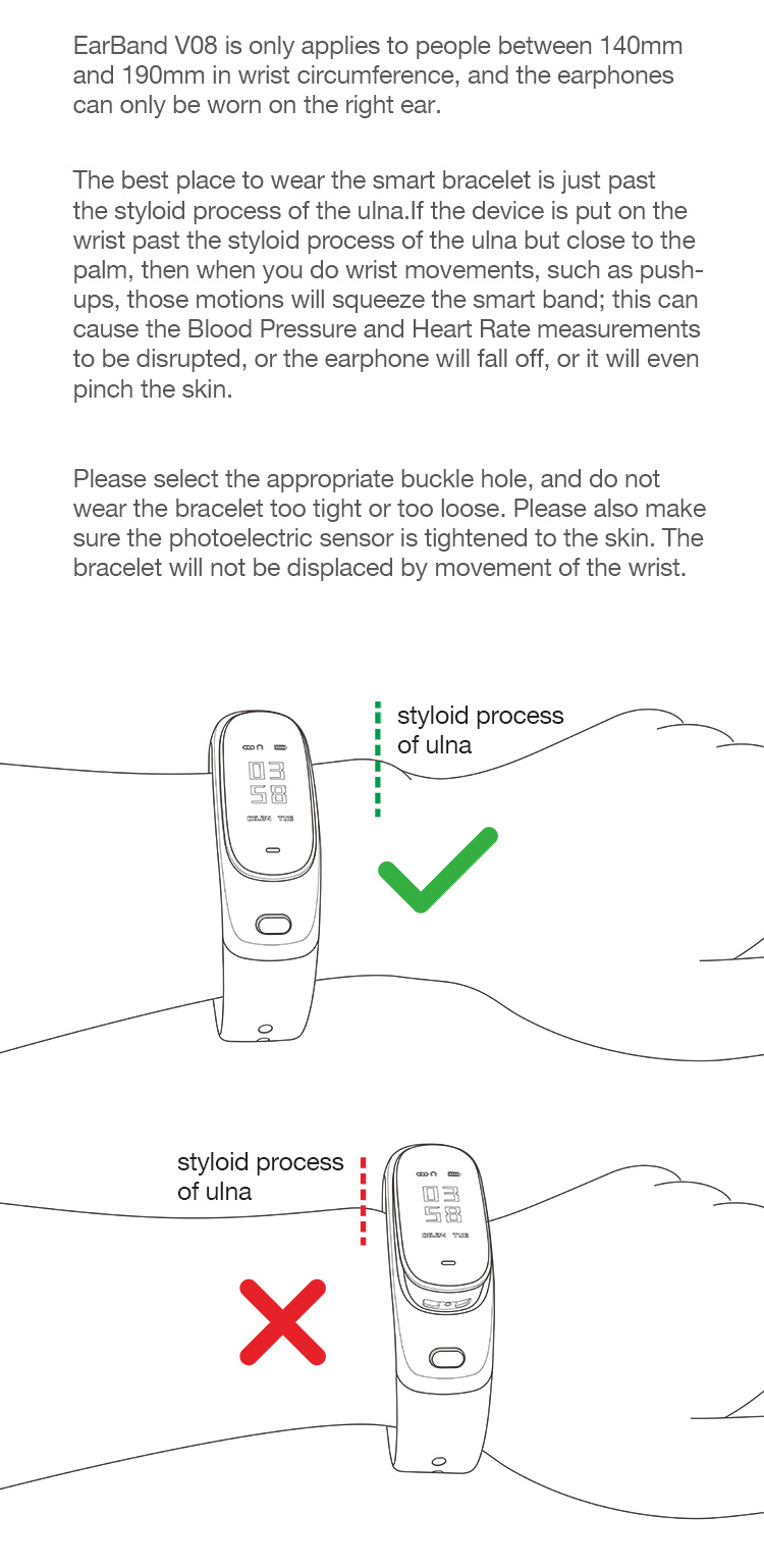 V08 Smart Bracelet 2 In 1 Portable Bluetooth Earphone Blood Pressure Continuous Heart Rate Monitor Compatible With IOS Android - Black