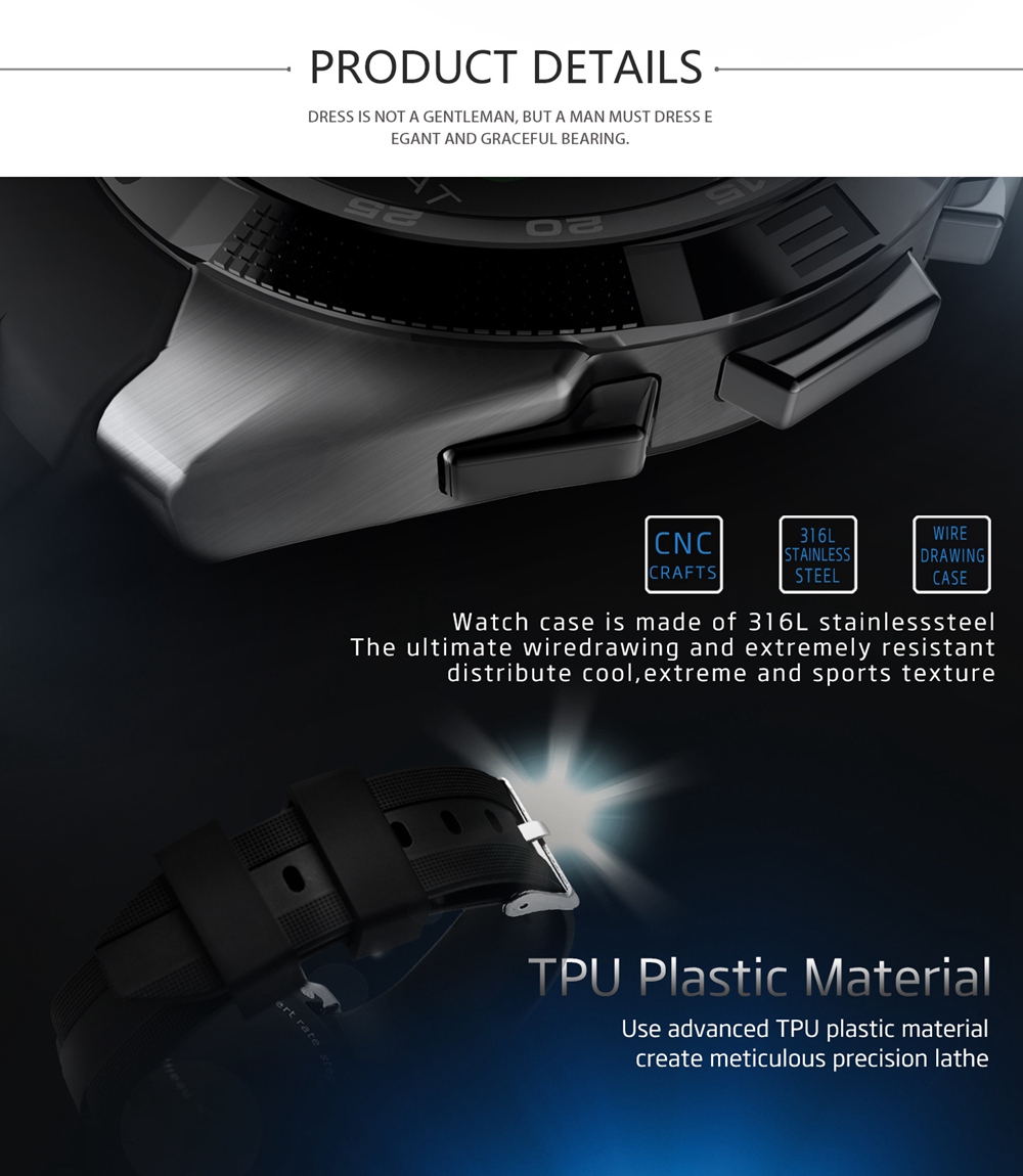 NO.1 G5 Smart Watch MTK2502 Heart Rate Monitor Fitness Tracker Call SMS Reminder Remote Camera Sapphire Crystal Dial for Android iOS - Black