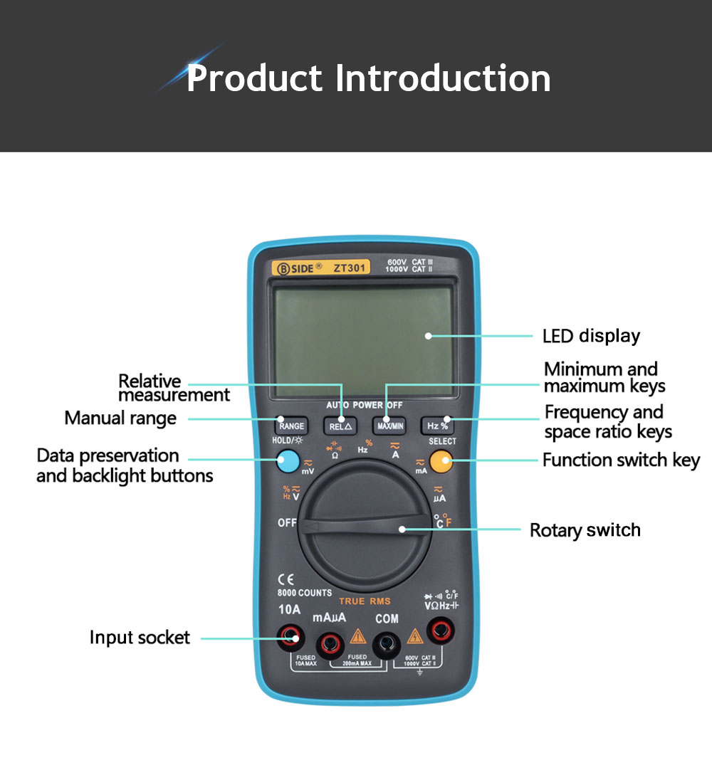ZOYI ZT301 Digital Multimeter True RMS Auto Range 8000 Counts LED Backlight