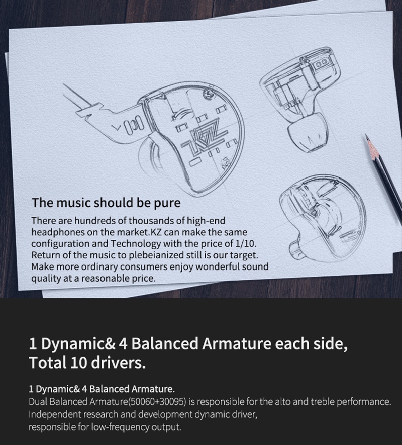 KZ ZS10 HiFi 10 Drivers 4BA+1DD Hybrid Earphone 4 Balanced Armature Dynamic Heavy Bass Headphone