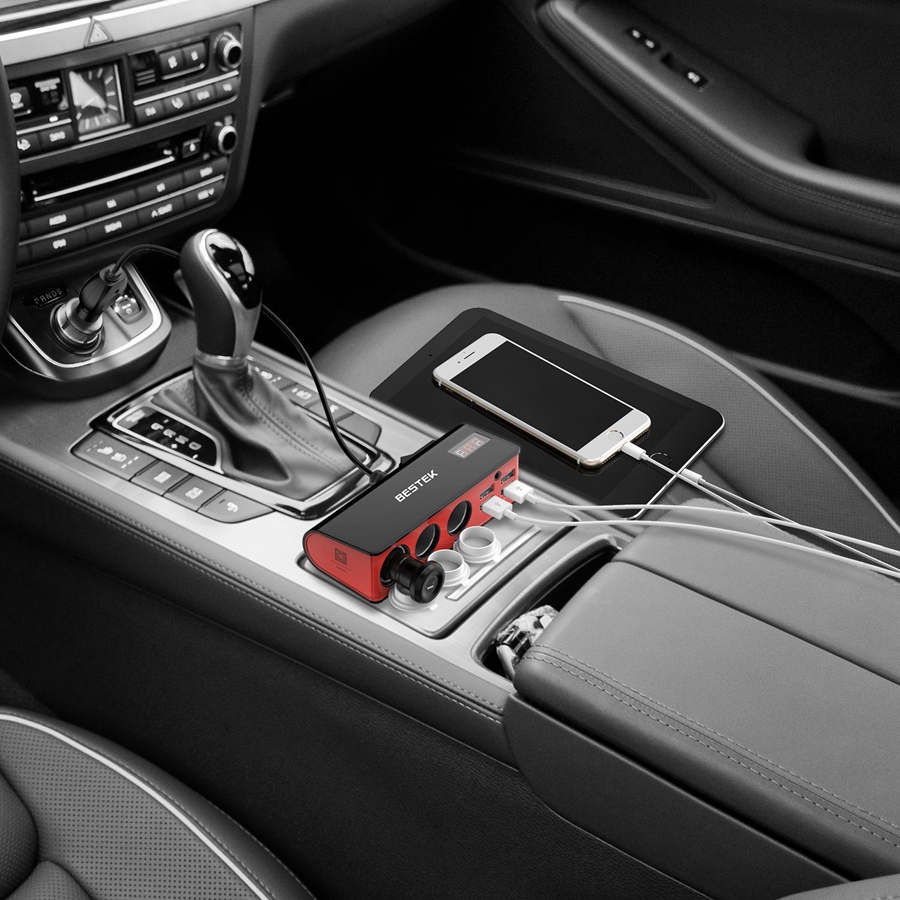 BESTEK 3-Socket Cigarette Lighter Power Adapter With 4-Port Car USB Splitter Charger - Black