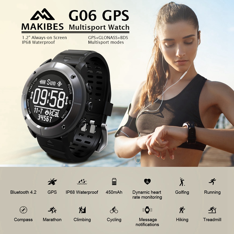 Makibes G06 Smartwatch Heart Rate Monitor IP68 Water Resistant GPS Sports Watch Compatible With IOS Android - Black