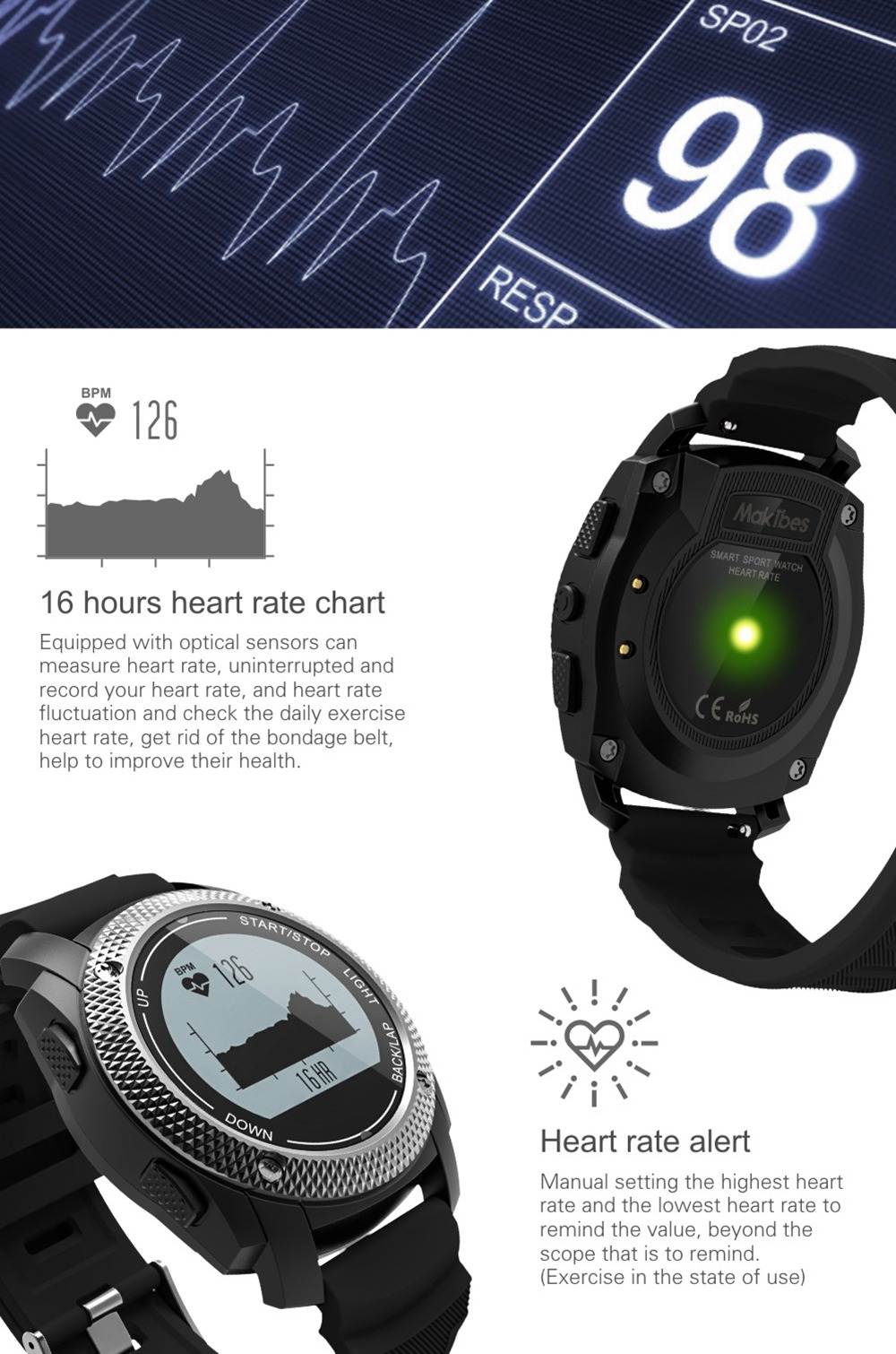 Makibes G02 Smart Sport Watch Heart Rate Monitor Pressure/Temperature Measurement Outdoor GPS Fitness Tracker - Black