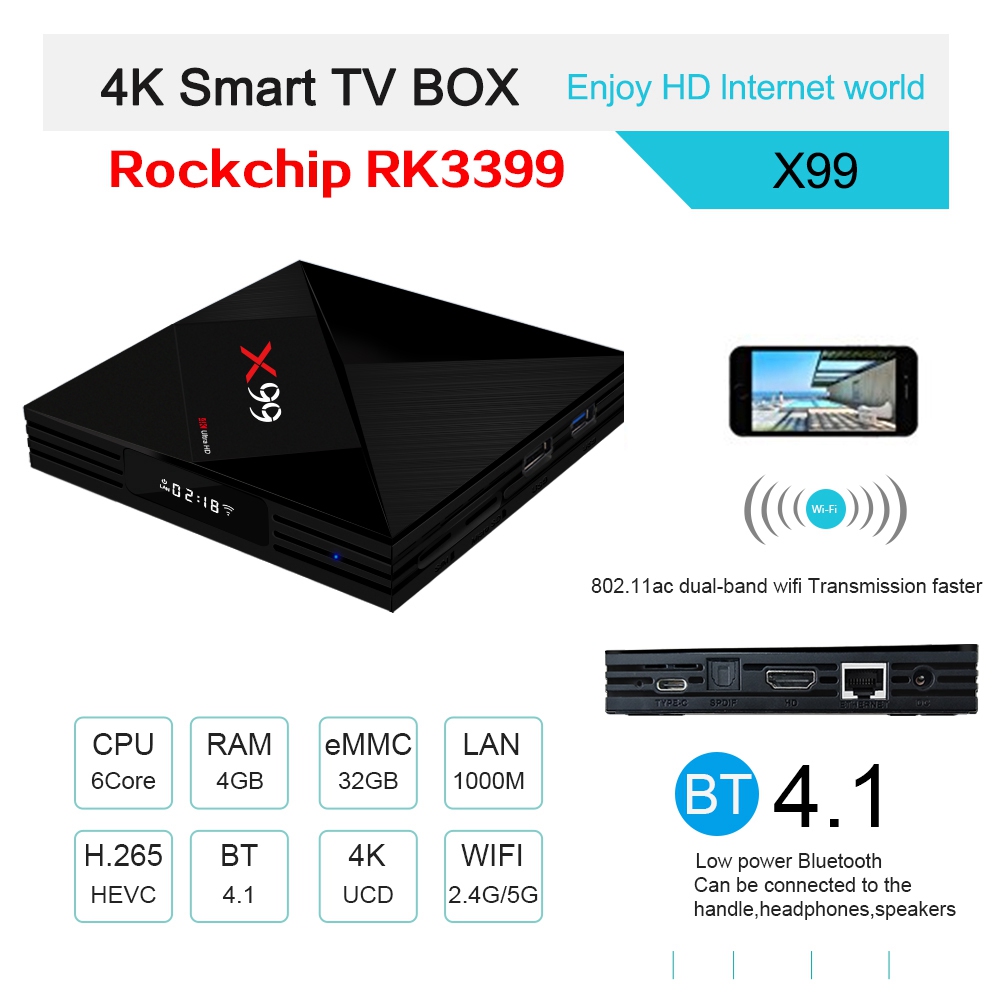 X99 KODI 18.0 4GB/32GB Android 7.1 RK3399 4K TV Box 2.4G/5G WiFi 1000M LAN Bluetooth Type-C USB3.0 VP9 HDR10 H.265 LED Display