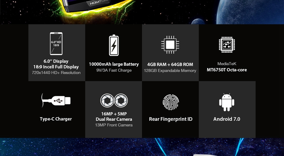 [HK Stock]HOMTOM HT70 6.0 Inch Smartphone MTK6750T Octa Core 4GB 64GB 16MP+5MP Dual Rear Cameras Android 7.0 HD+ 18:9 Screen 10000mAh - Silver