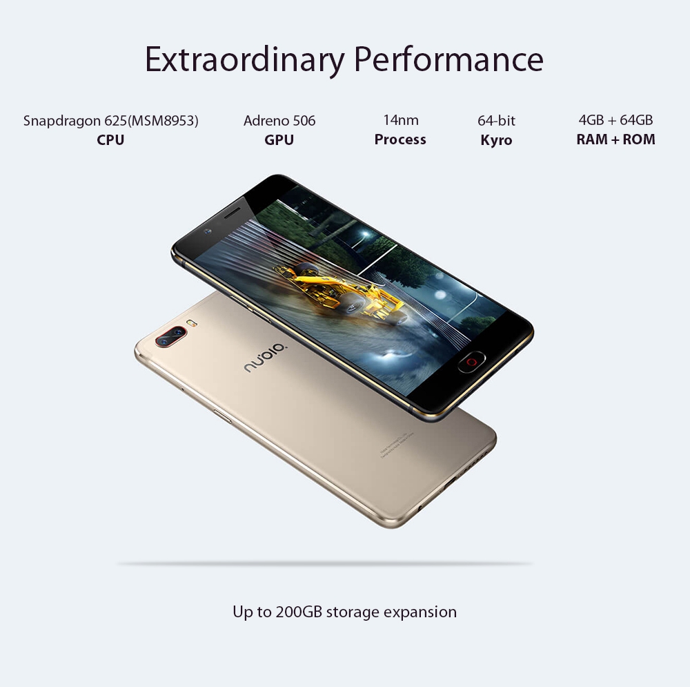 [HK Stock][Official Global Version]Nubia M2 NX551J 5.5 Inch Smartphone FHD Screen Snapdragon 625 Octa Core A53 2.0GHz 4GB 64GB 13.0MP Dual Rear Camera Touch ID Metal Unibody - Black Gold