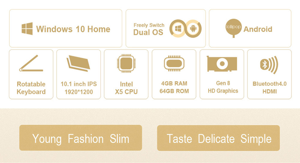 Teclast TBook 10S Tablet PC 10.1 inch Dual OS Windows 10 + Android 5.1 4GB/64GB Intel Atom X5 Z8350 Quad Core 1.92GHz IPS 1920*1200 - Gold