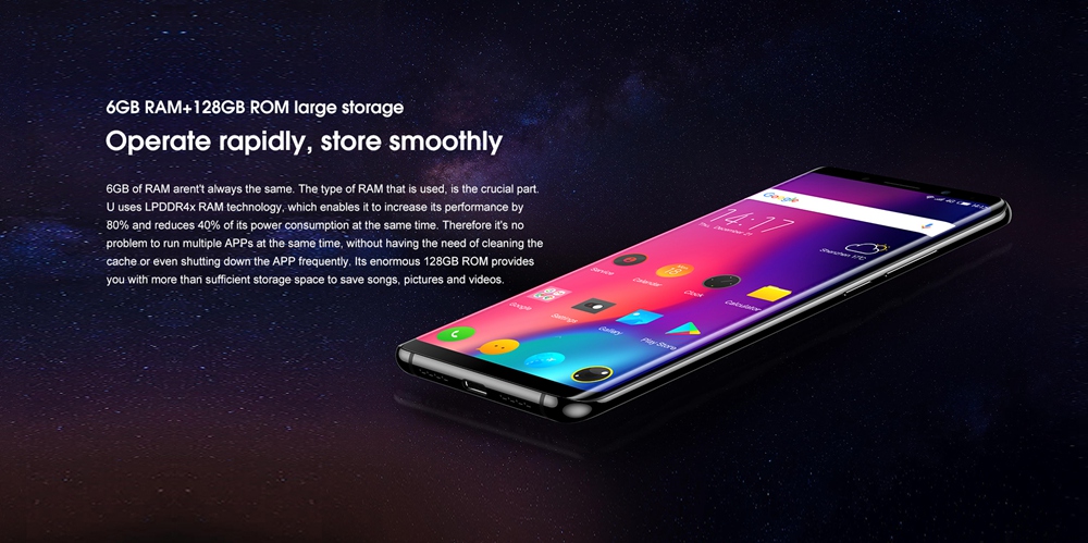Elephone U 5.99 Inch 4G LTE Smartphone 18:9 FHD Screen MTK6763 Octa Core 6GB 128GB 13.0MP Cam Android 7.1 - Blue