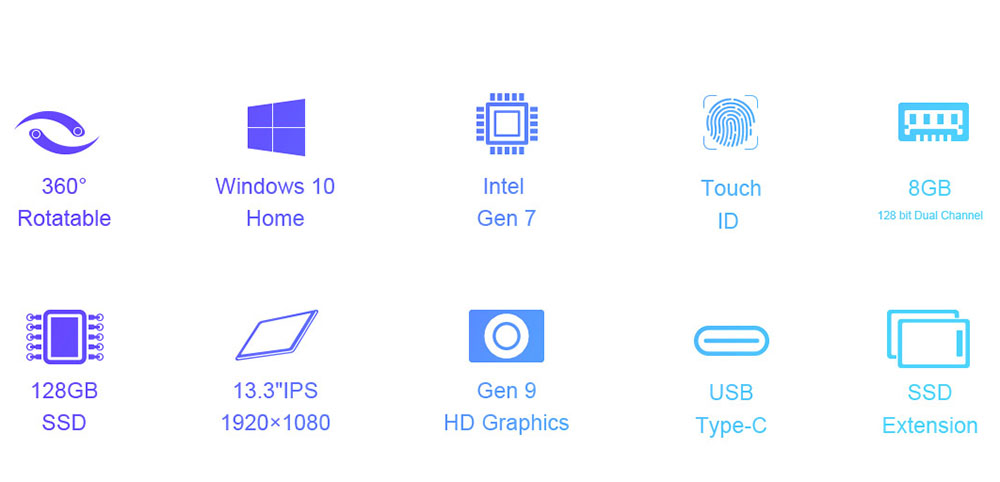 Teclast F6 Pro Notebook Fingerprints Intel Core m3-7Y30 Dual Core 13.3" 1920*1080 IPS Screen 8GB RAM 128GB ROM Windows 10 Dual Band Wifi - Silver
