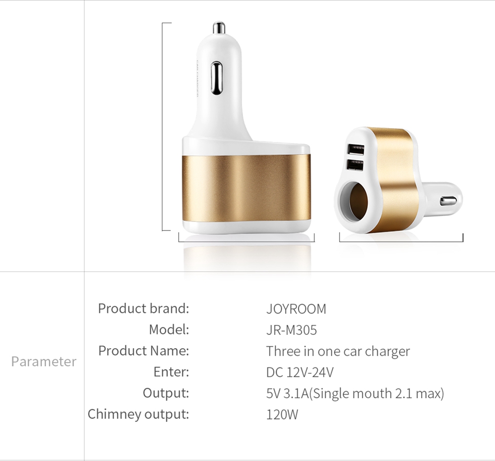 JOYROOM C-M305 5V 3.1A USB Smart Car Charger 1 for 3 Dual USB Ports Car Charger Cigarette Lighter Splitter - Gold