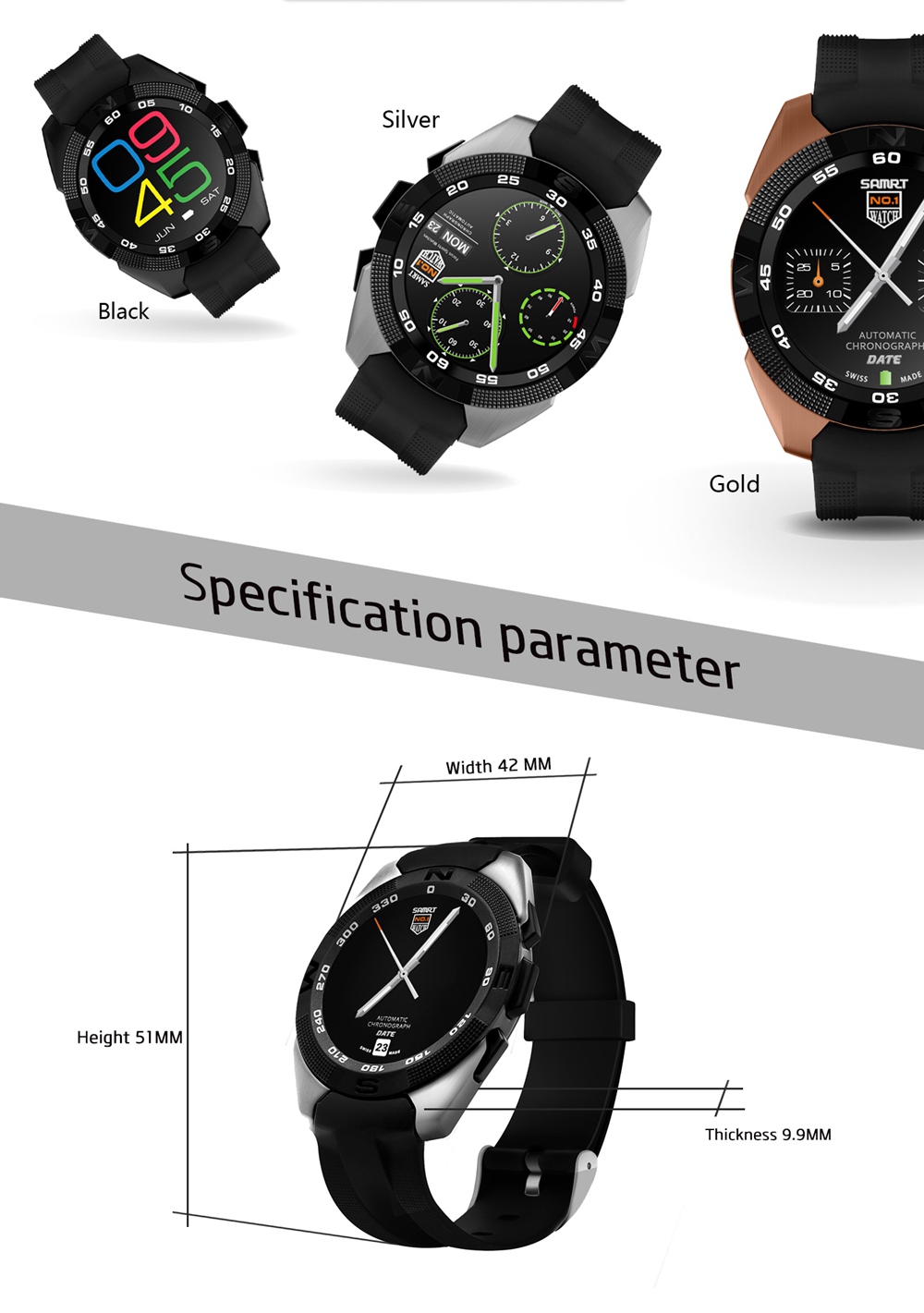 NO.1 G5 Smart Watch MTK2502 Heart Rate Monitor Fitness Tracker Call SMS Reminder Remote Camera Sapphire Crystal Dial for Android iOS - Black