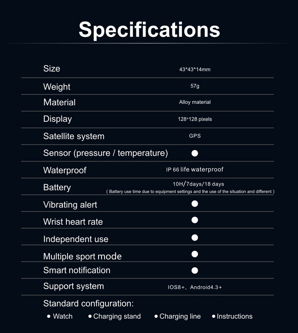 Makibes G02 Smart Sport Watch Heart Rate Monitor Pressure/Temperature Measurement Outdoor GPS Fitness Tracker - Black