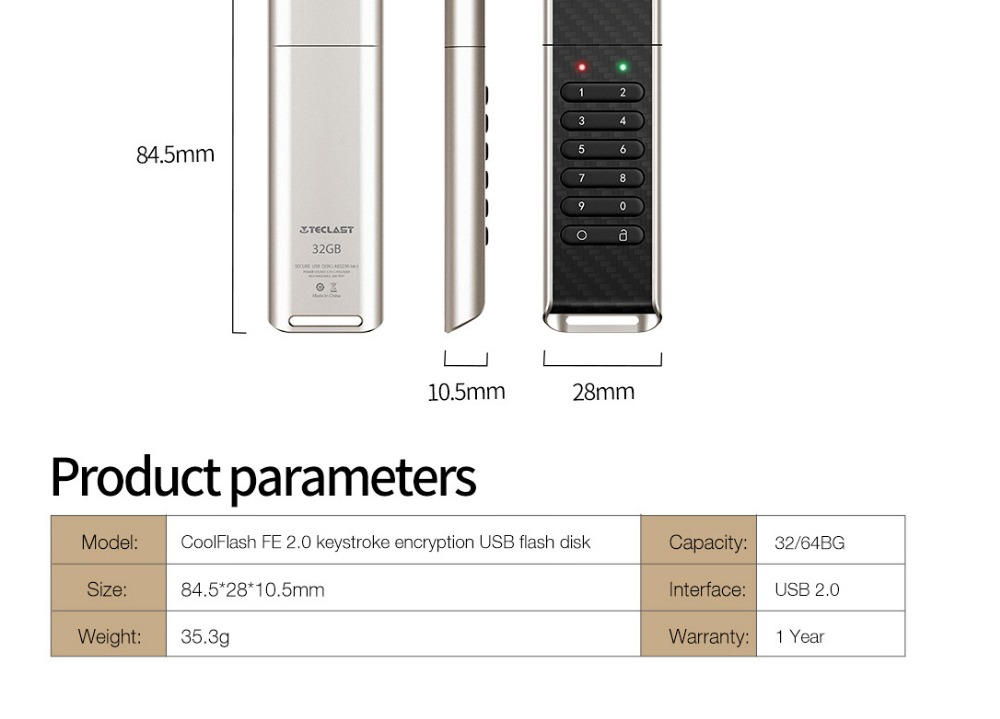 Teclast Pendrives 32GB CreSecure Encryption Flash Drives Key Version Memory Stick Physical Encrypted - Black