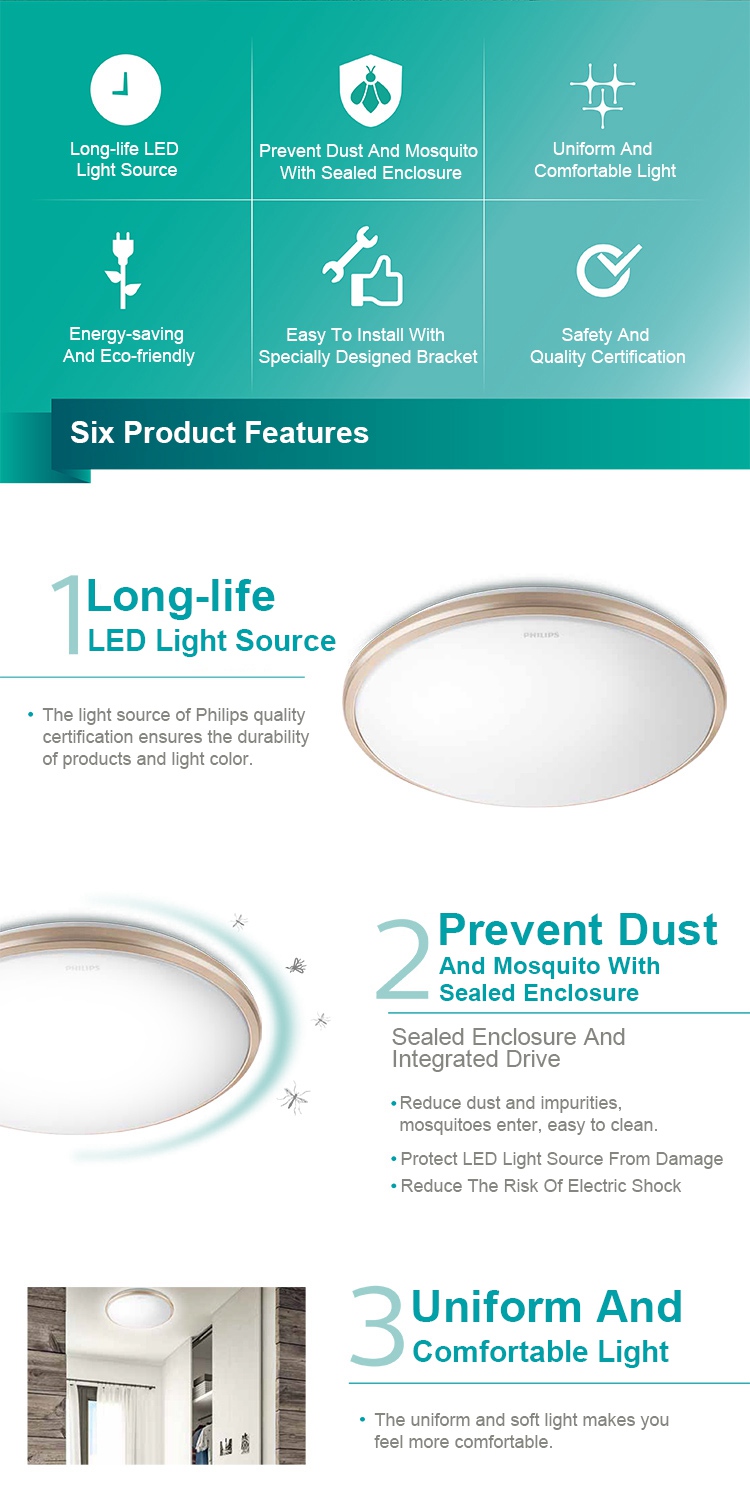 [HK Stock] Philips Ceiling Lamp 12W 6500K Ceiling Bedroom Lamp Corridor Light - Gold