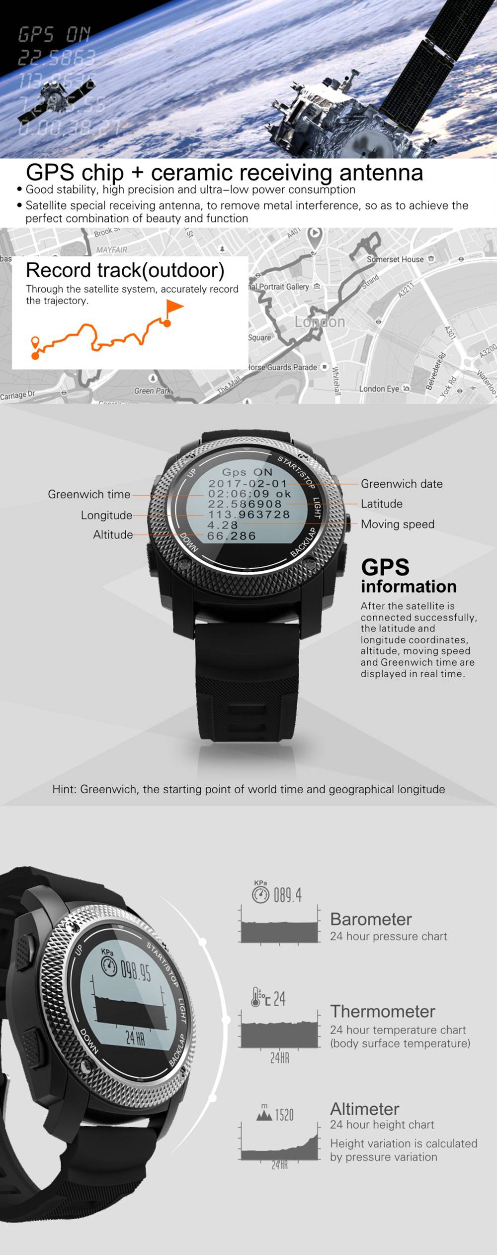 Makibes G02 Smart Sport Watch Heart Rate Monitor Pressure/Temperature Measurement Outdoor GPS Fitness Tracker - Black