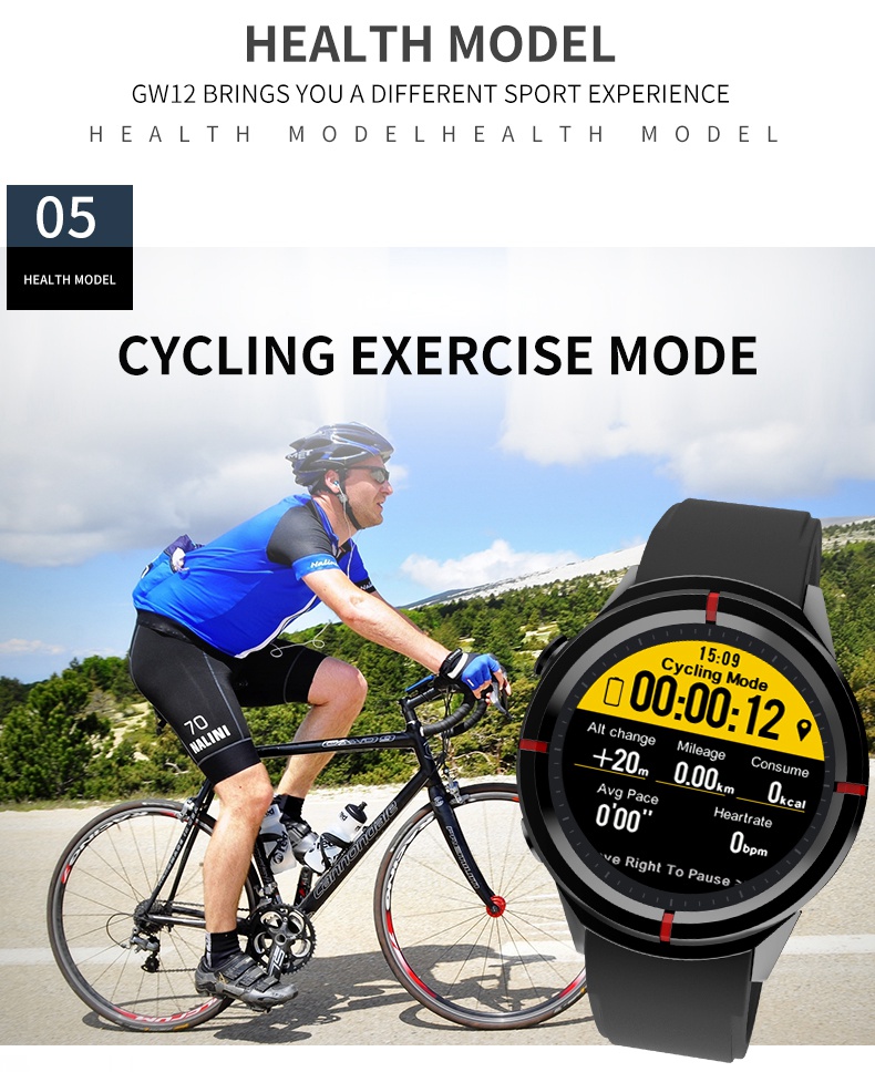 GW12 Smartwatch Phone Continuous Heart Rate Monitor GPS/Beidou - Black