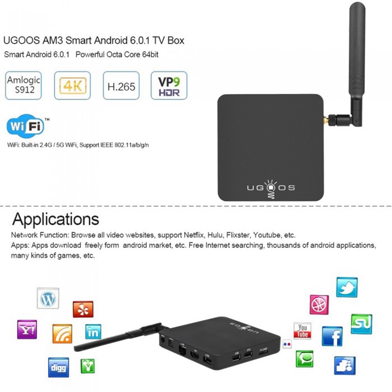 UGOOS AM3 Amlogic S912 Android 6.0 2GB/16GB TV BOX 4K UHD 802.11ac WIFI Gigabit LAN Bluetooth