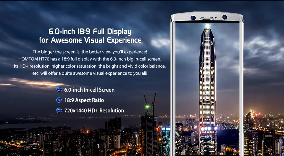 [HK Stock]HOMTOM HT70 6.0 Inch Smartphone MTK6750T Octa Core 4GB 64GB 16MP+5MP Dual Rear Cameras Android 7.0 HD+ 18:9 Screen 10000mAh - Silver