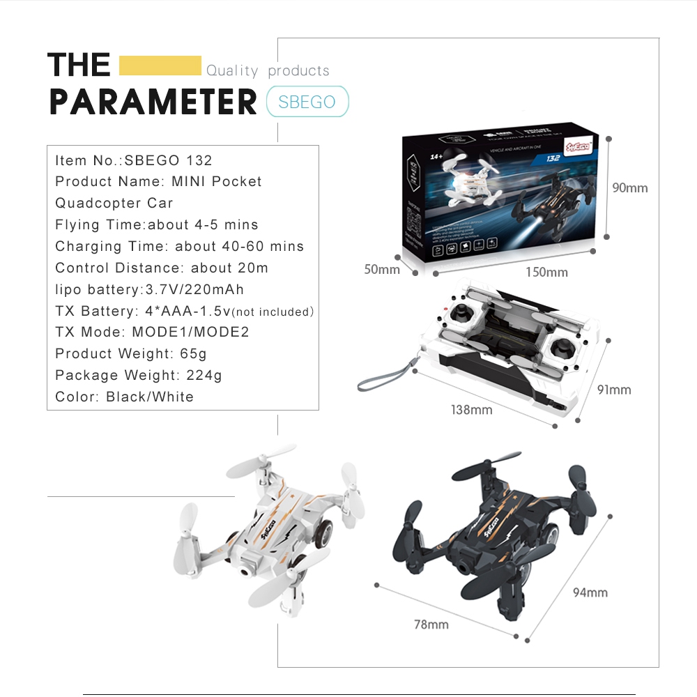 Flytec SBEGO 132 2.4G 4CH Air Ground Dual Mode Flying Car RC Quadcopter RTF - White