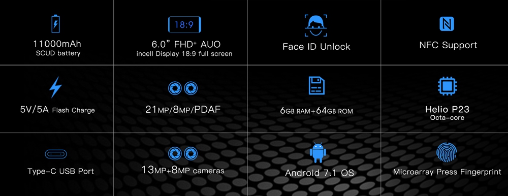 [HK Stock]OUKITEL K10 6.0 Inch Smartphone 11000mAh Large Battery Flash Charge 18:9 Full Screen 6GB 64GB Helio P23 Quad Cameras Android 7.1 Touch ID Face ID NFC - Gold