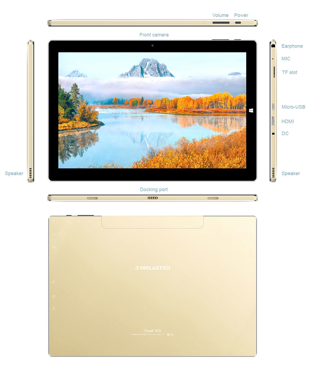 Teclast TBook 10S Tablet PC 10.1 inch Dual OS Windows 10 + Android 5.1 4GB/64GB Intel Atom X5 Z8350 Quad Core 1.92GHz IPS 1920*1200 - Gold