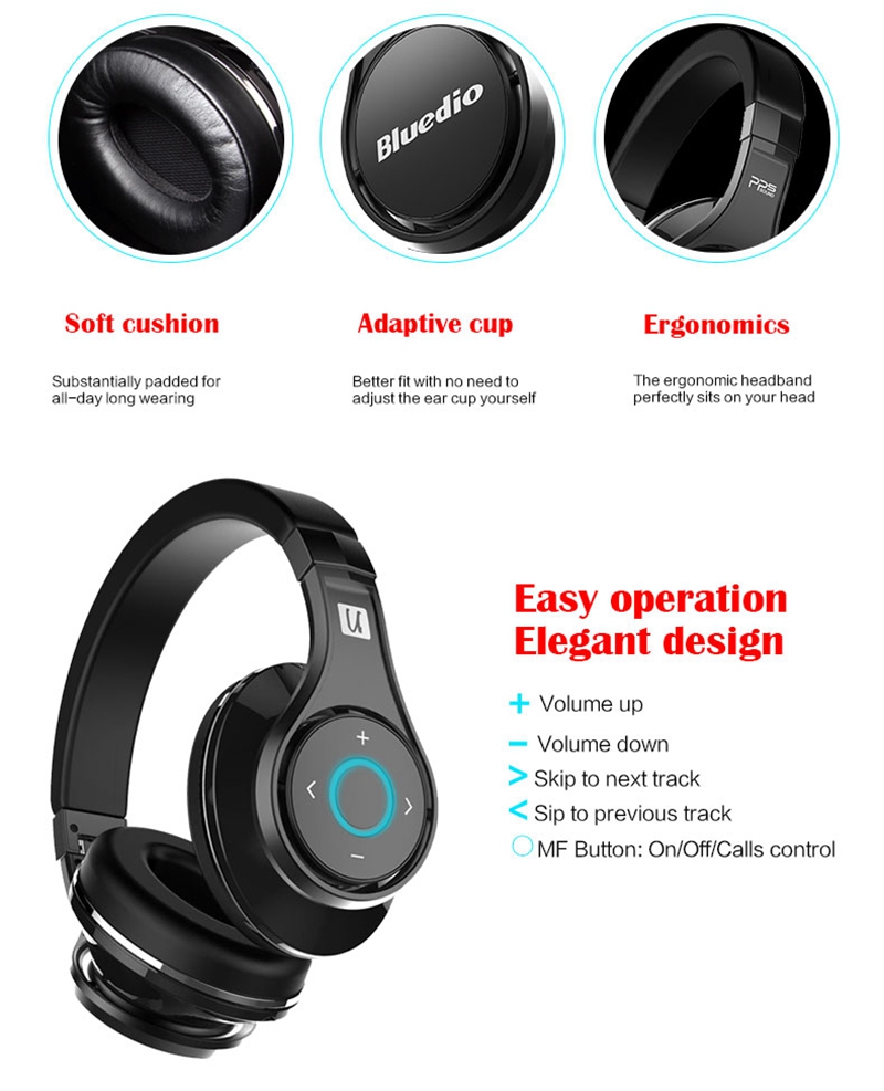 Bluedio UFO Bluetooth Headphones with Mic 3D Bass 8 Drivers HiFi - Black