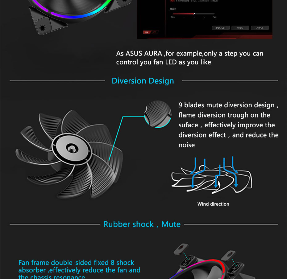Pccooler Halo 12cm Case Cooler Fan 4 Pin PWM With RGB LED Light Support ASUS AURA For CPU Cooler - Black