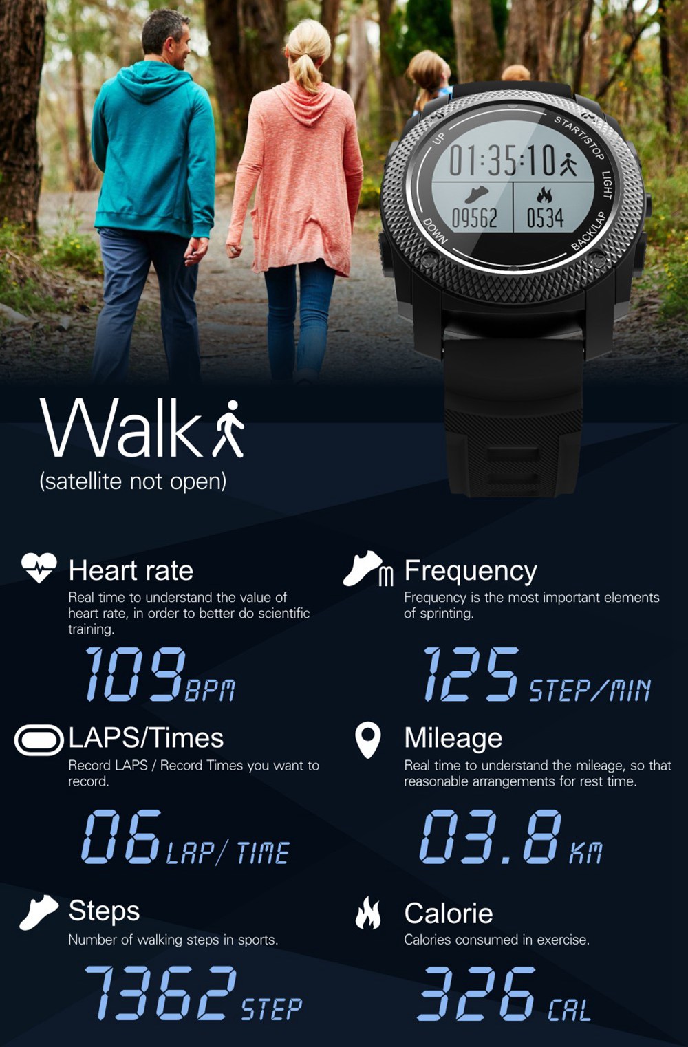 Makibes G02 Smart Sport Watch Heart Rate Monitor Pressure/Temperature Measurement Outdoor GPS Fitness Tracker - Black