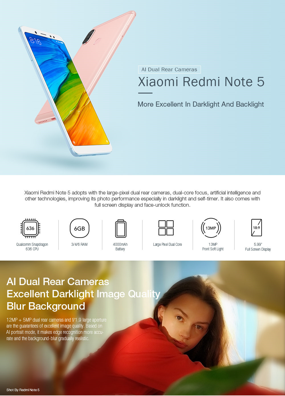 Xiaomi Redmi Note 5 5.99 Inch Smartphone Snapdragon 636 Octa Core 6GB 64GB 5.0MP+12MP Dual Rear Cameras MIUI 9 OS 18:9 Full Screen - Gold