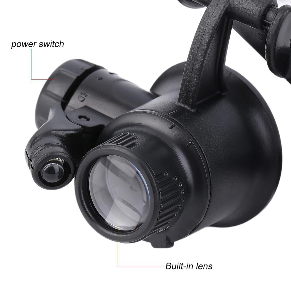20x Double Eye Magnifying Glass with Adjustable LED 180 Degree Rotation - Black