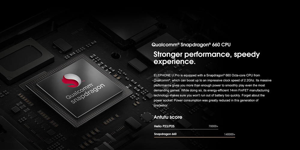 [HK Stock]Elephone U Pro 5.99 Inch 4G Smartphone Android 8.0 Qualcomm Snapdragon 660 Octa Core 6GB RAM 128GB ROM - Black