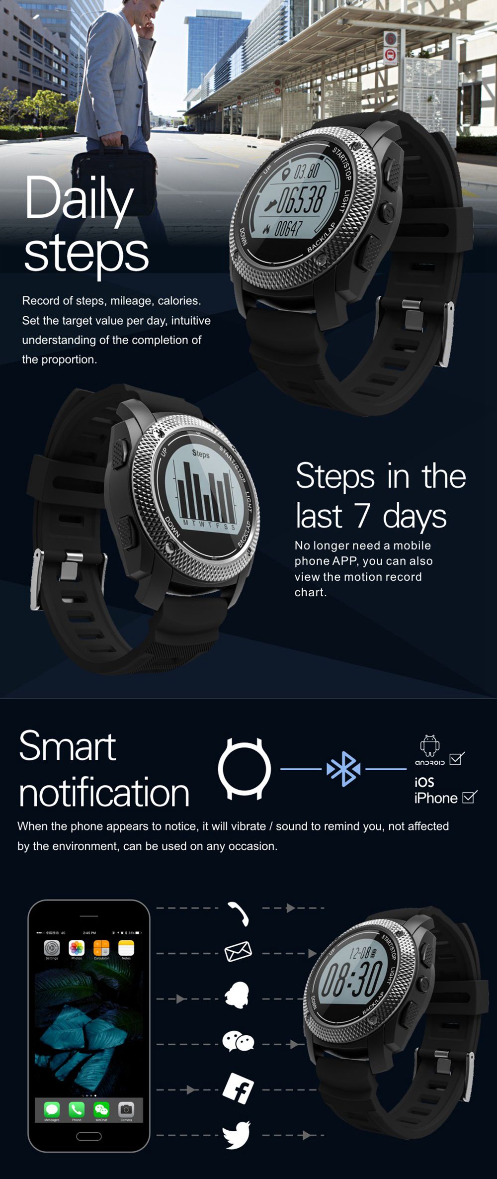 Makibes G02 Smart Sport Watch Heart Rate Monitor Pressure/Temperature Measurement Outdoor GPS Fitness Tracker - Black