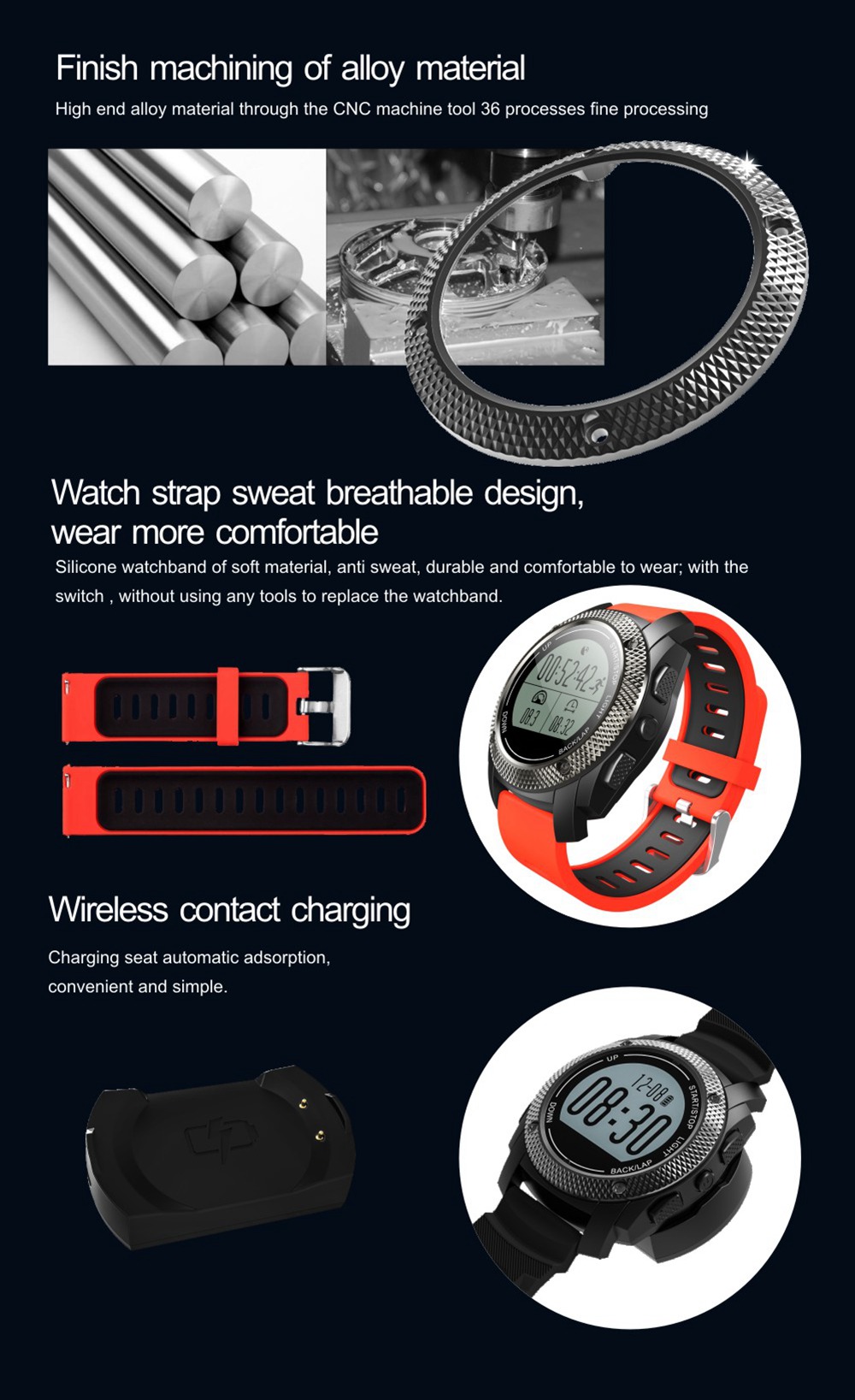 Makibes G02 Smart Sport Watch Heart Rate Monitor Pressure/Temperature Measurement Outdoor GPS Fitness Tracker - Black