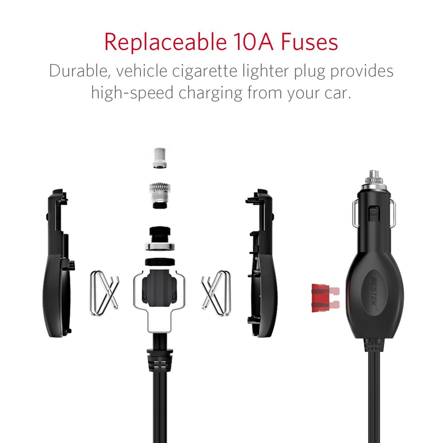 BESTEK 3-Socket Cigarette Lighter Power Adapter With 4-Port Car USB Splitter Charger - Black