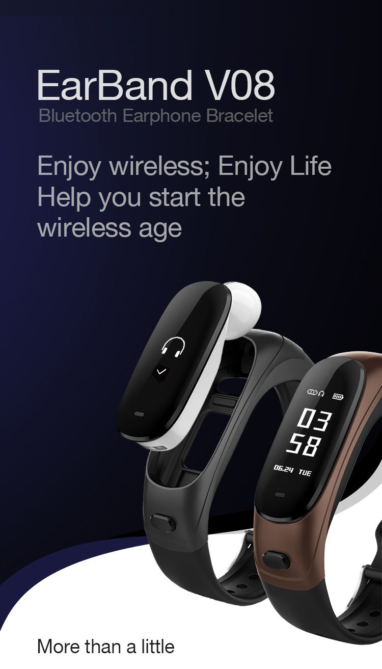 V08 Smart Bracelet 2 In 1 Portable Bluetooth Earphone Blood Pressure Continuous Heart Rate Monitor Compatible With IOS Android - Black