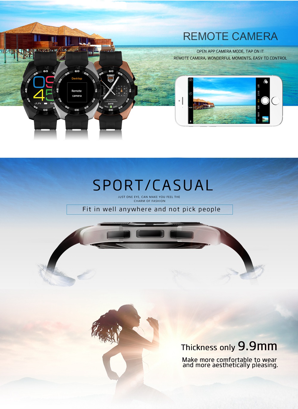 NO.1 G5 Smart Watch MTK2502 Heart Rate Monitor Fitness Tracker Call SMS Reminder Remote Camera Sapphire Crystal Dial for Android iOS - Black