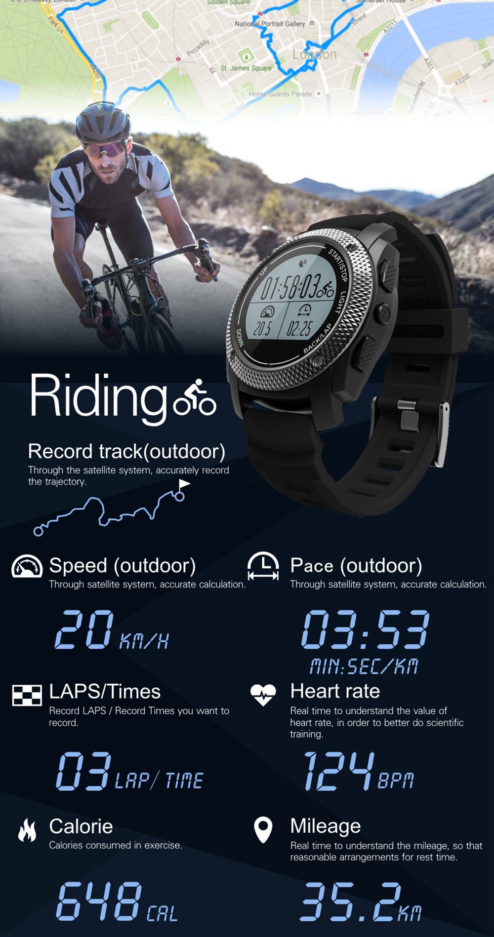 Makibes G02 Smart Sport Watch Heart Rate Monitor Pressure/Temperature Measurement Outdoor GPS Fitness Tracker - Black