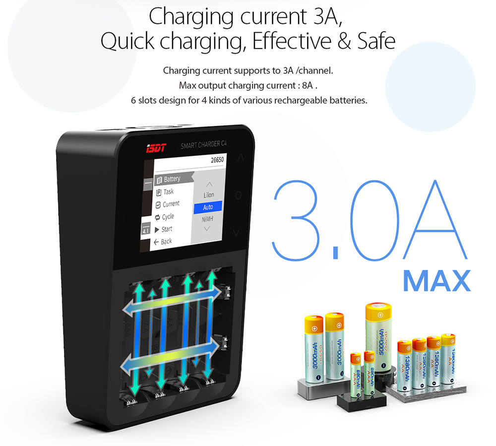 ISDT C4 Smart Charger Max Output 8A 100mA-3000mA Optional Charging Current for NiMH NiCd Li-ion Batteries - Black