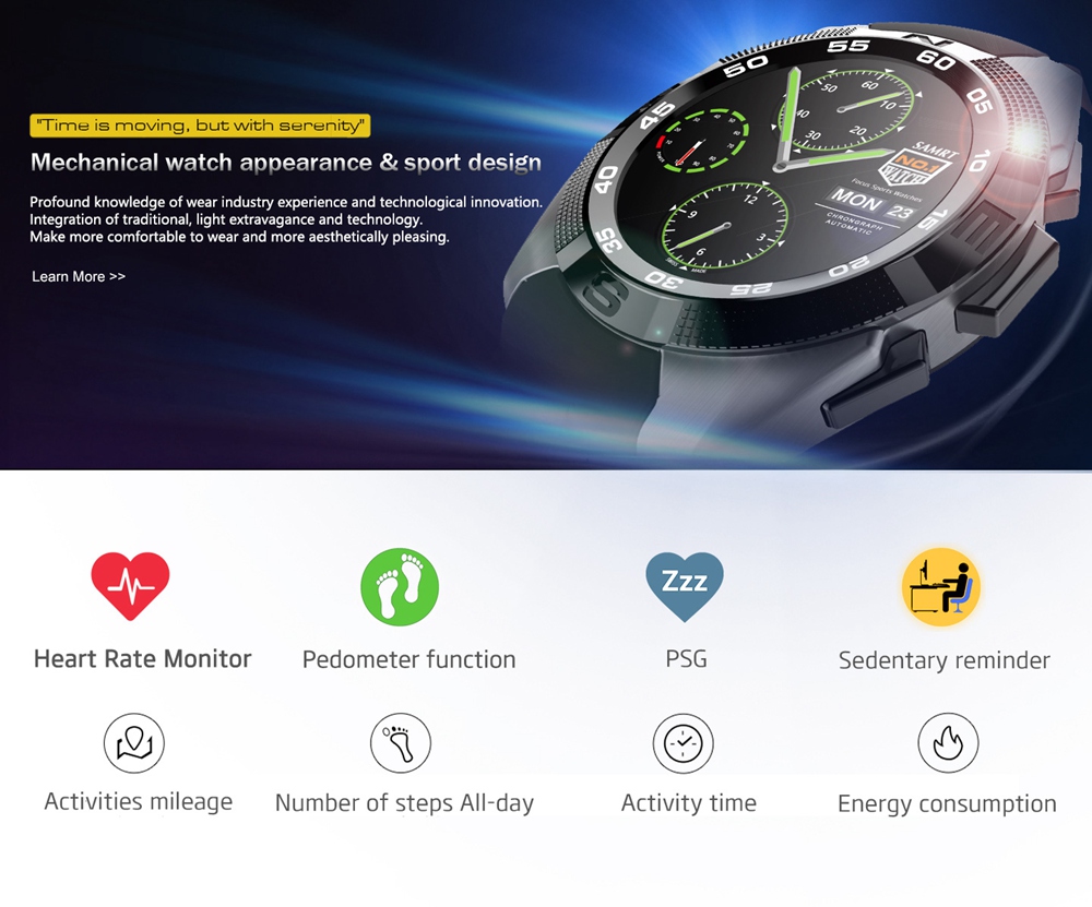 NO.1 G5 Smart Watch MTK2502 Heart Rate Monitor Fitness Tracker Call SMS Reminder Remote Camera Sapphire Crystal Dial for Android iOS - Black