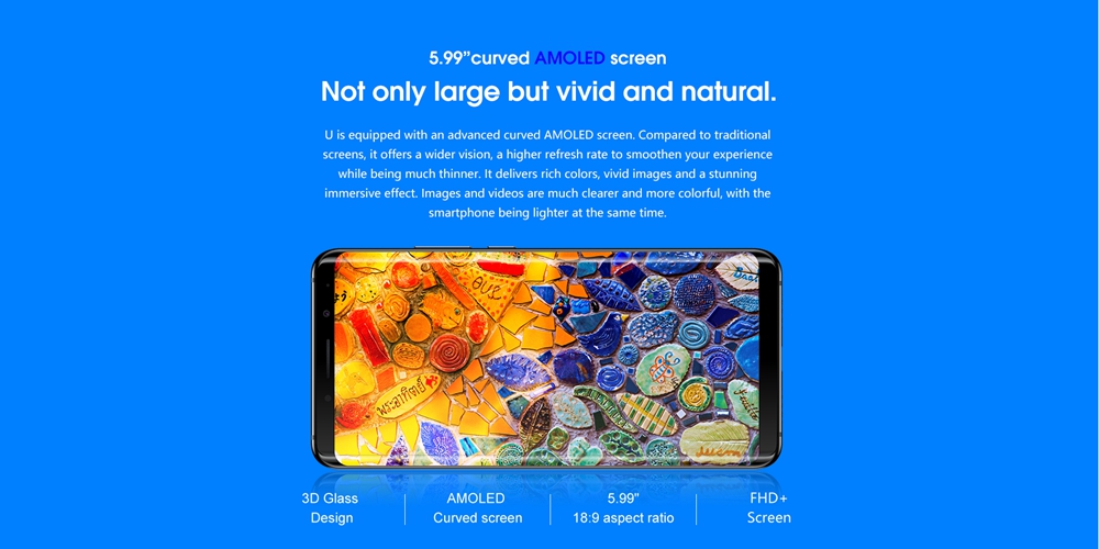 Elephone U 5.99 Inch 4G LTE Smartphone 18:9 FHD Screen MTK6763 Octa Core 6GB 128GB 13.0MP Cam Android 7.1 - Blue
