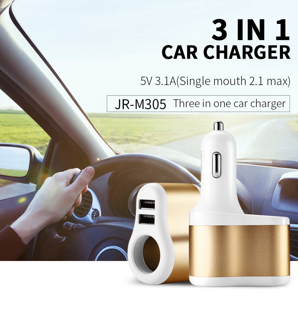 JOYROOM C-M305 5V 3.1A USB Smart Car Charger 1 for 3 Dual USB Ports Car Charger Cigarette Lighter Splitter - Gold