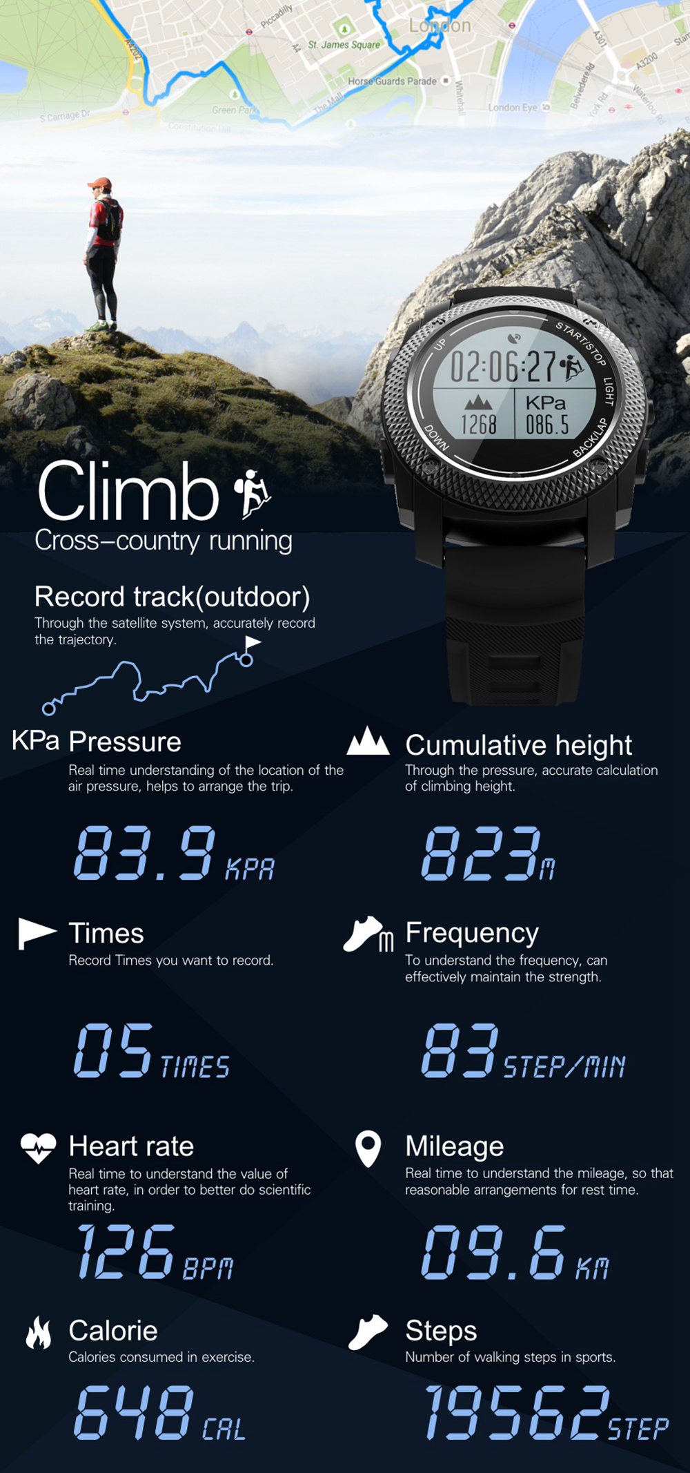 Makibes G02 Smart Sport Watch Heart Rate Monitor Pressure/Temperature Measurement Outdoor GPS Fitness Tracker - Black