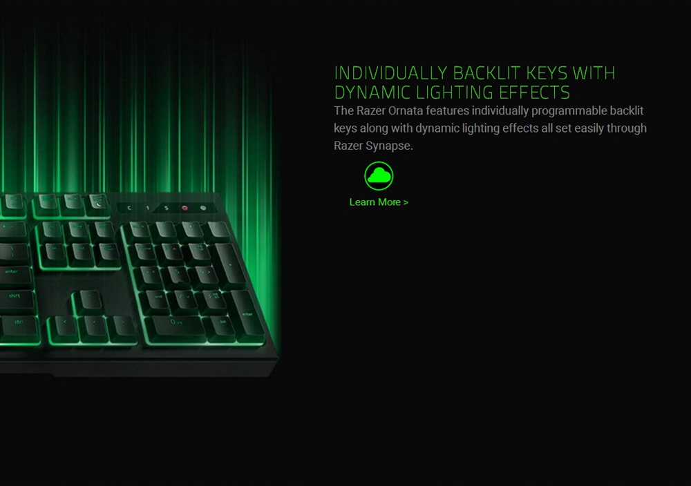 [HK Stock] Razer Ornata Wired Membrane Gaming Keyboard 104 Keys With Mid-Height Keycaps Wrist Rest Green Blacklight US Layout - Black