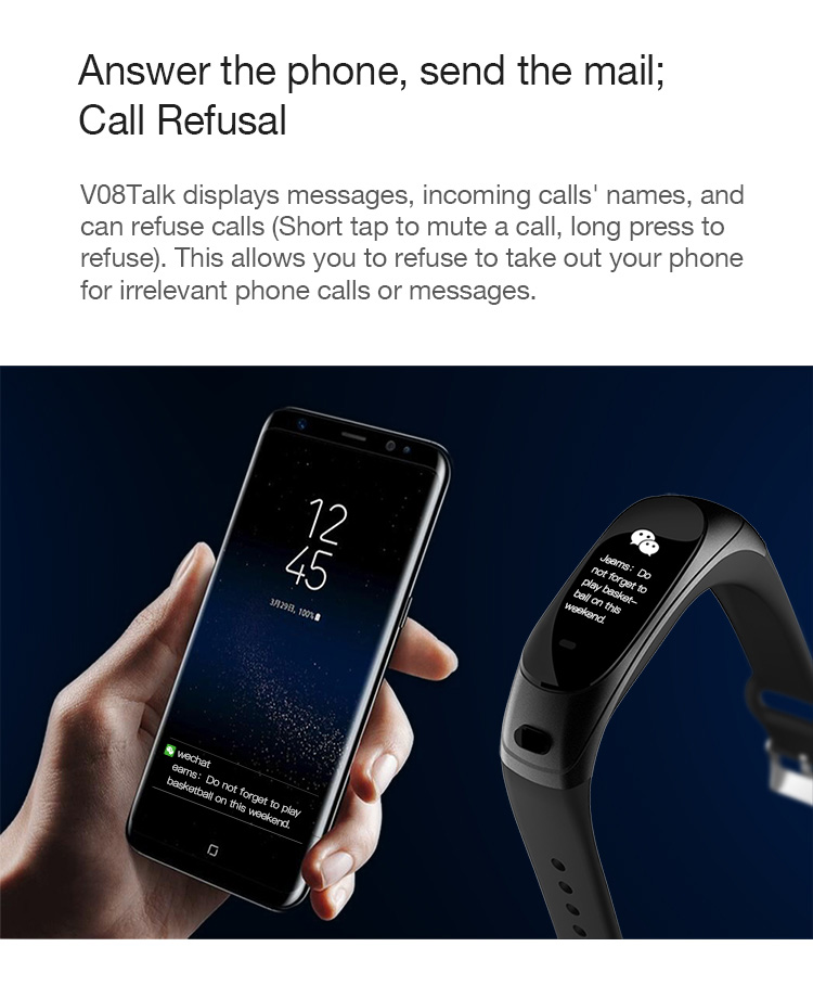 V08 Smart Bracelet 2 In 1 Portable Bluetooth Earphone Blood Pressure Continuous Heart Rate Monitor Compatible With IOS Android - Black